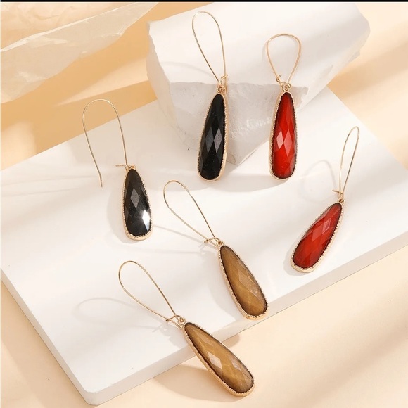 3 Pairs Gold Geometric Gemstone Drop Earrings - Picture 2 of 3